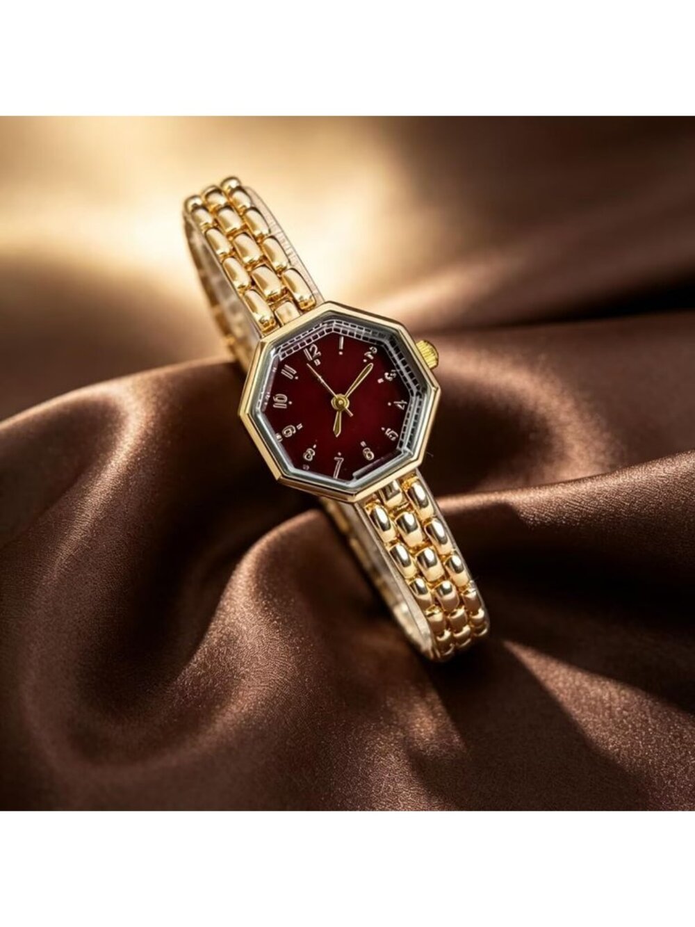 Women's Golden Red Octagonal Stainless Steel Dress Quartz Vintage Wrist Watches - Picture 5 of 6